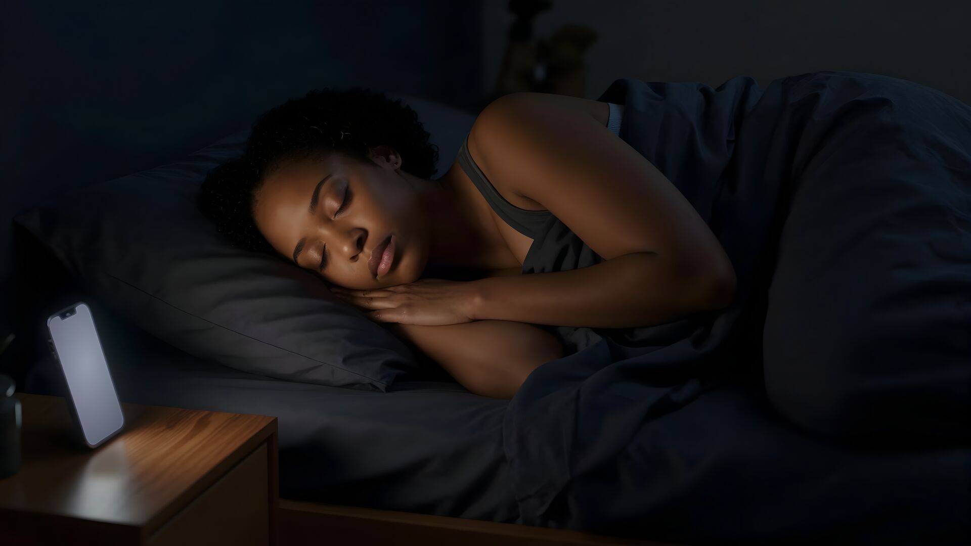 A business owner asleep at night while her phone glows on the nightstand
